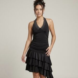 Vintage Ruby Rox Black Party Dress Halter Layers Rhinestone Studs Y2K Grunge S